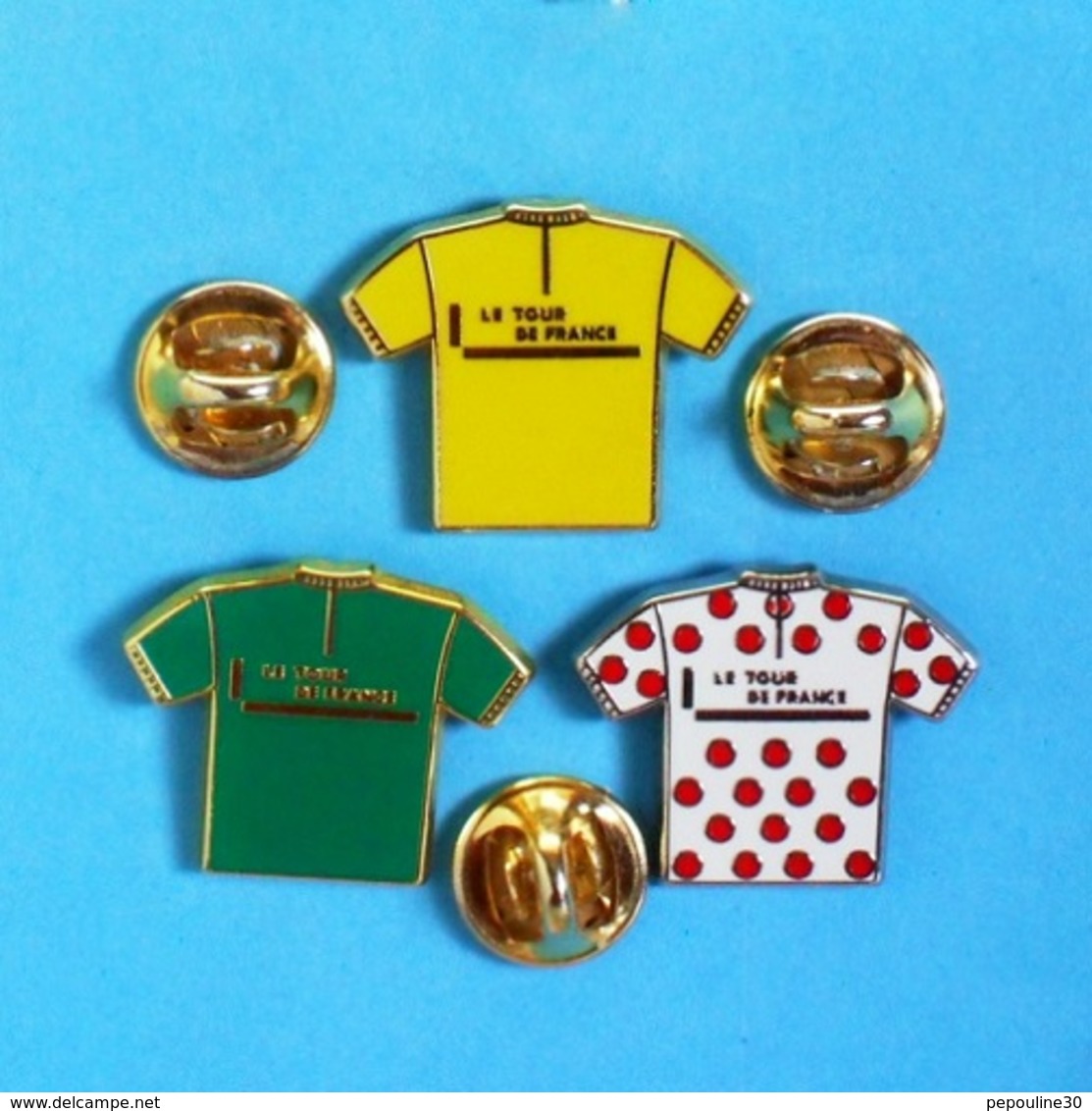 3 PIN'S //** TROIS MAILLOTS / JAUNE 1919 LEADER / à POIS 1933 MEILLEUR GRIMPEUR / VERT 1953 MEILLEUR SPRINTEUR . (A.B.P)