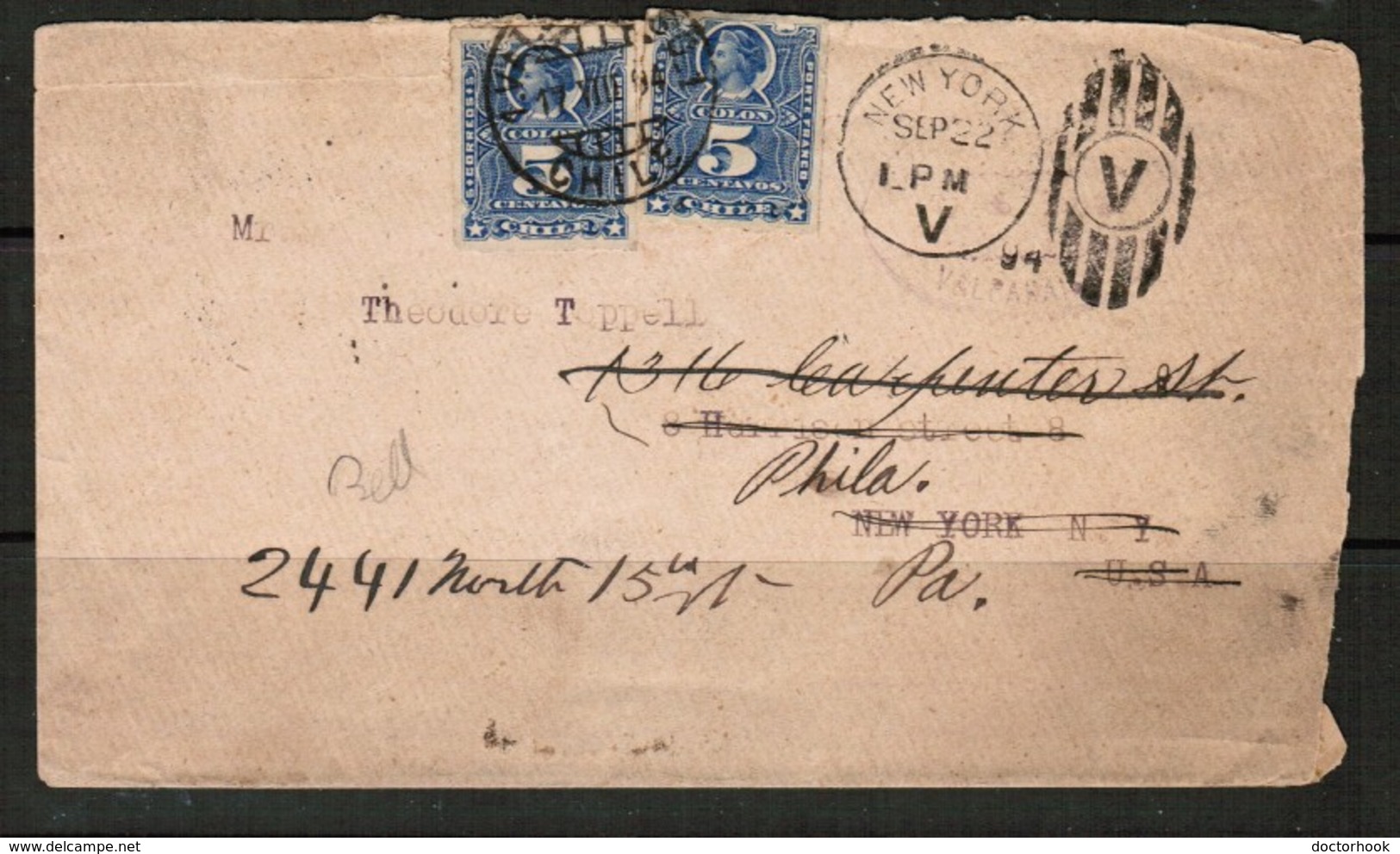 CHILE   1894 COVER REDIRECTED FROM New York To Philadelphia (17/VII/94) (OS-488) - Chile