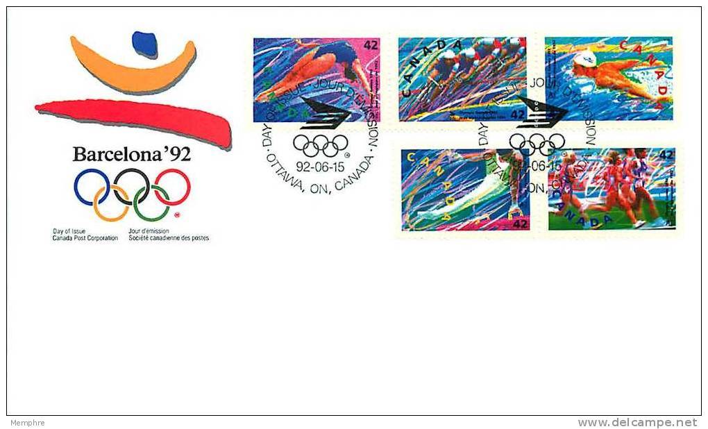 1992   Olympics  Gymnastics, Track And Field, Diving, Cycling, Swimming   Sc 1414-8  Strip Of 5 From Booklet - 1991-2000