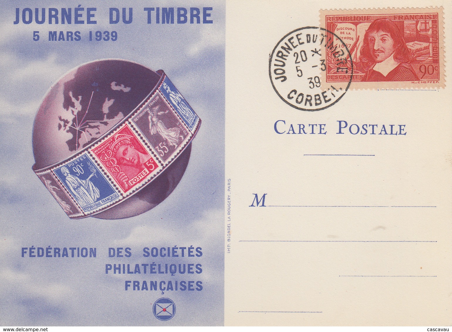 Carte   FRANCE   JOURNEE  Du  TIMBRE    CORBEIL   1939 - Journée Du Timbre