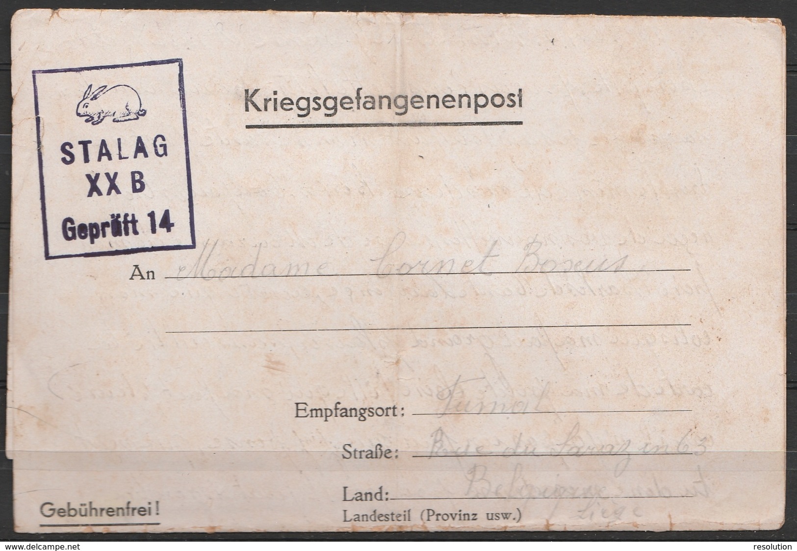 Courrier De Prisonnier (Kriegsgefangenenpost) 30 Octobre 1940 - Cachet Censeur STALAG XXB Geprüft 14 (lapin) - Guerre 40-45 (Lettres & Documents)