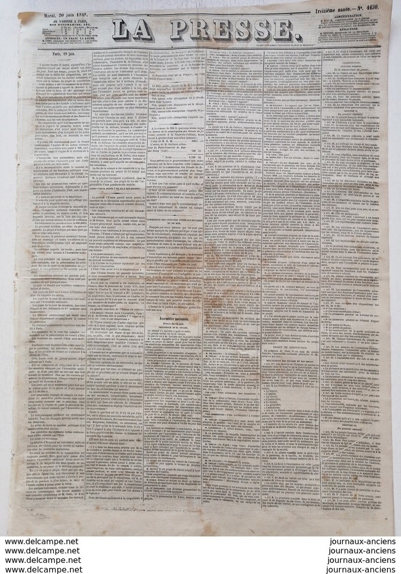 1848  Journal LA PRESSE Du 20 Juin - LES RÉVOLTÉS DES 45 CTS - CREUSE - GUÉRET - Documents Historiques