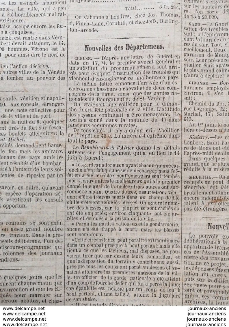 1848  Journal LA PRESSE Du 20 Juin - LES RÉVOLTÉS DES 45 CTS - CREUSE - GUÉRET - Documents Historiques