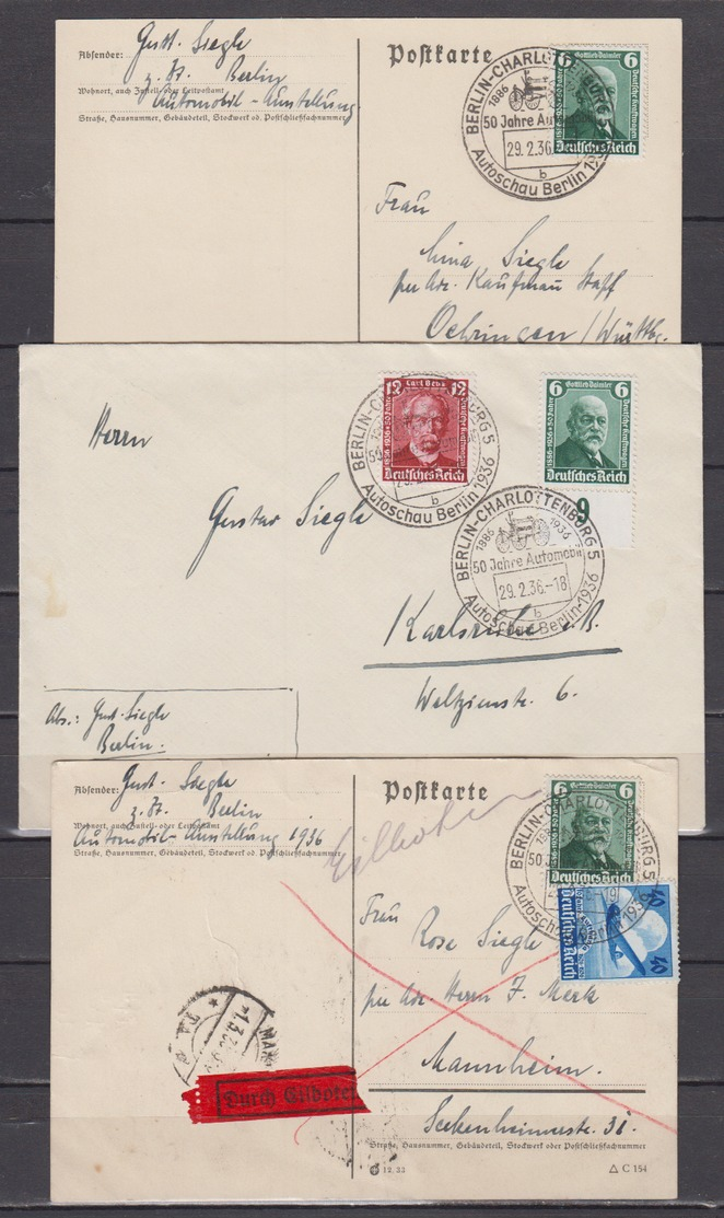 Dt.Reich 3 Belege Mit SSt Berlin-Charlottenburg 1936/ 50 Jahre Automobil Mit Entsprechender Frankatur MiNo. 604/05, 603 - Covers & Documents