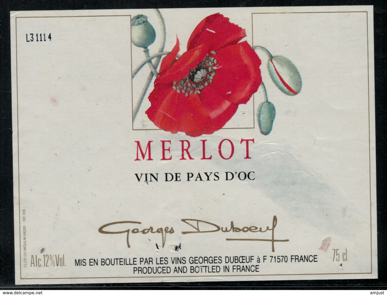 Etiquette De Vin // Merlot, Vin Du Pays D'OC, Coquelicot - Fleurs