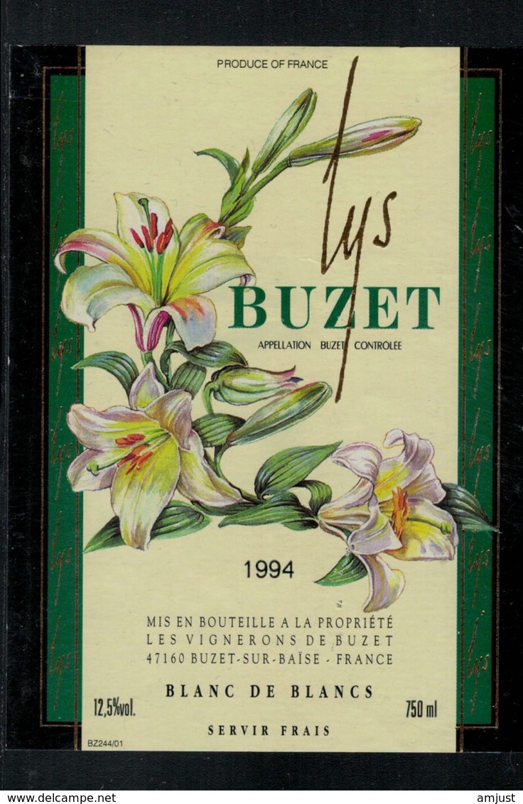 Etiquette De Vin // Blanc De Blanc 1994, Buzet Sur Baise, Fleurs - Blumen