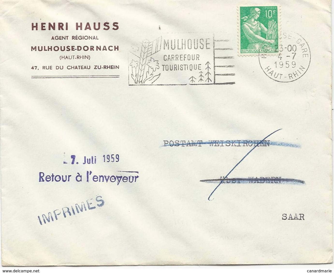 LETTRE 1959 AU TARIF IMPRIMES POUR LA SARRE  AVEC TIMBRE A 10 FR MOISSONNEUSE - 1921-1960: Moderne