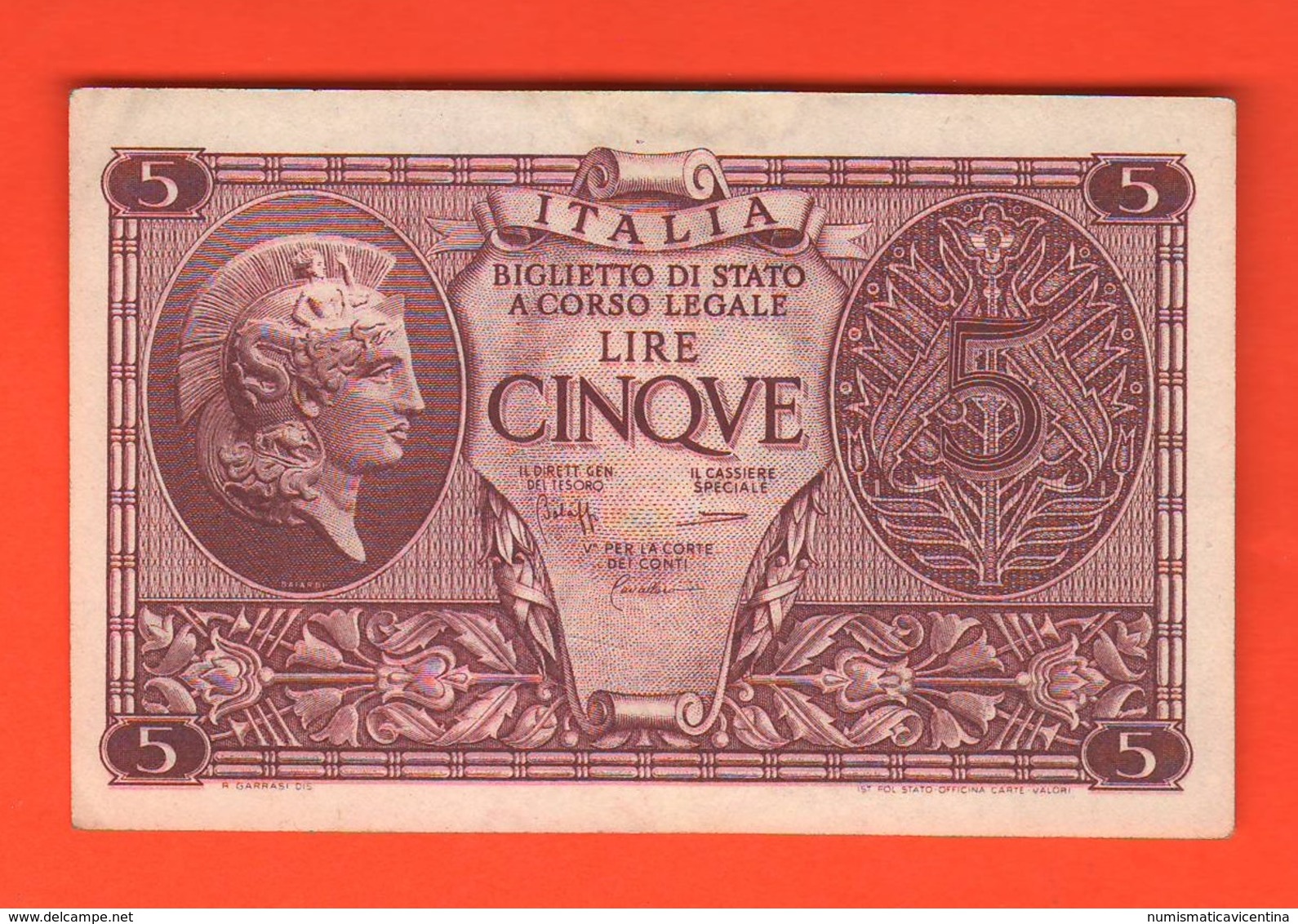 5 Lire 1944 Italia Elmata Luogotenenza Bolaffi Cavallaro Giovinco - Italia – 5 Lire