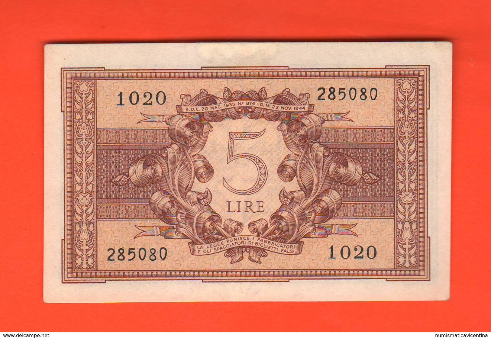 5 Lire 1944 Italia Elmata Luogotenenza Bolaffi Cavallaro Giovinco - Italia – 5 Lire