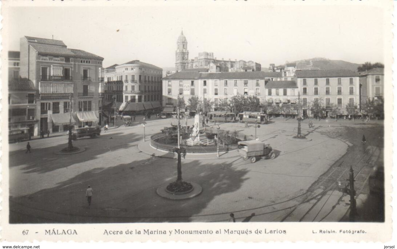 POSTAL  MALAGA  -ANDALUCIA  - ACERA DE LA MARINA Y MONUMENTO AL MARQUÉS DE LARIOS   (FOT. L. ROISIN) - Málaga