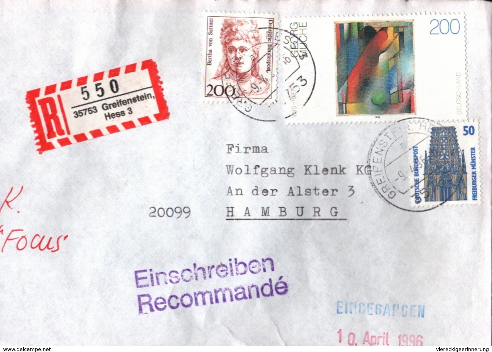 ! 1 Einschreiben 1996 Mit R-Zettel Aus 35753 Greifenstein In Hessen - Lettres & Documents