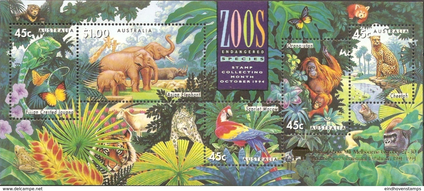 Australia 1994 Endangered Species Block Issue MNH Elephant Ara Cheetah Orang Utan Iguana Zoos - Altri & Non Classificati