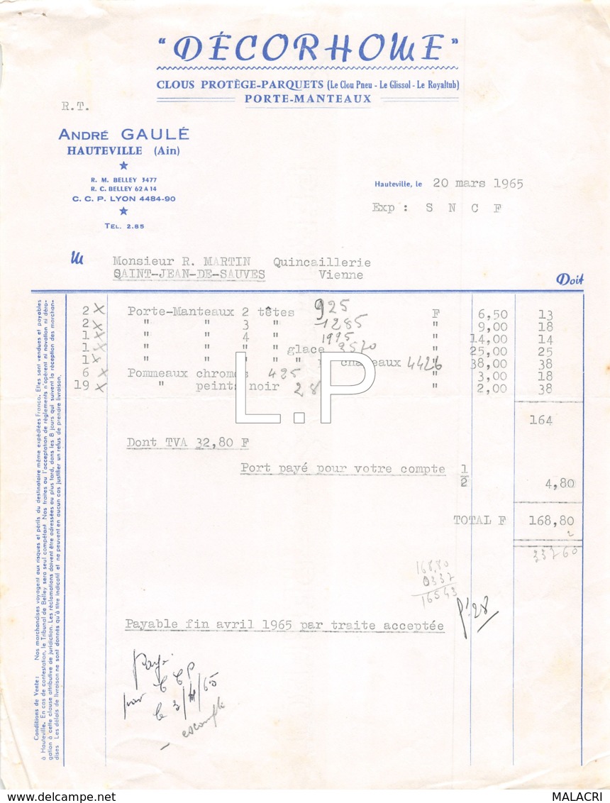 3-2039    Facture  1965  DECORHOME ANDRE GAULE A HAUTEVILLE - M.MARTIN A SAINT JEAN DE SAUVES - 1950 - ...