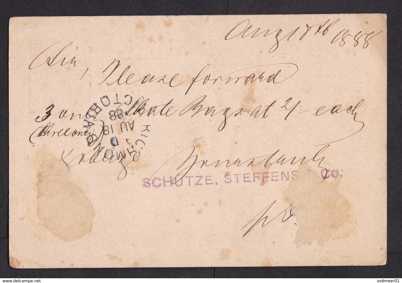 Australia - Victoria: Stationery Postcard Melbourne To Richmond, 1888, Queen (damaged, See Scan) - Brieven En Documenten