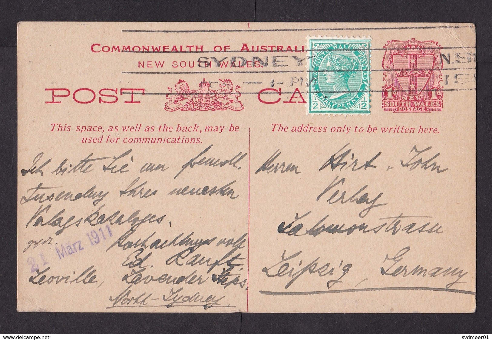 Australia - New South Wales NSW: Stationery Postcard Sydney To Germany, 1911, Extra Stamp, Line Cancel (corner Crease) - Brieven En Documenten