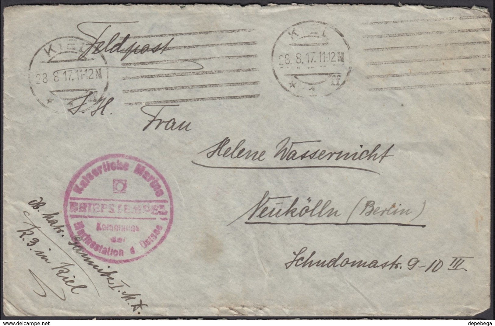 Feldpost 'Kaiserliche Marine, Kommando Der Marinestation Der Ostsee'. KIEL 28.8.1917 - Neukölln, Berlin. - Covers & Documents