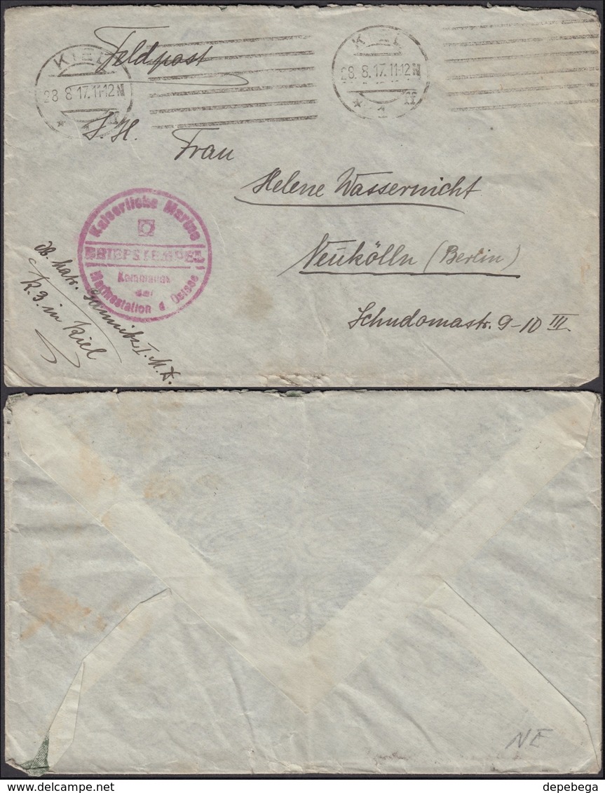 Feldpost 'Kaiserliche Marine, Kommando Der Marinestation Der Ostsee'. KIEL 28.8.1917 - Neukölln, Berlin. - Covers & Documents