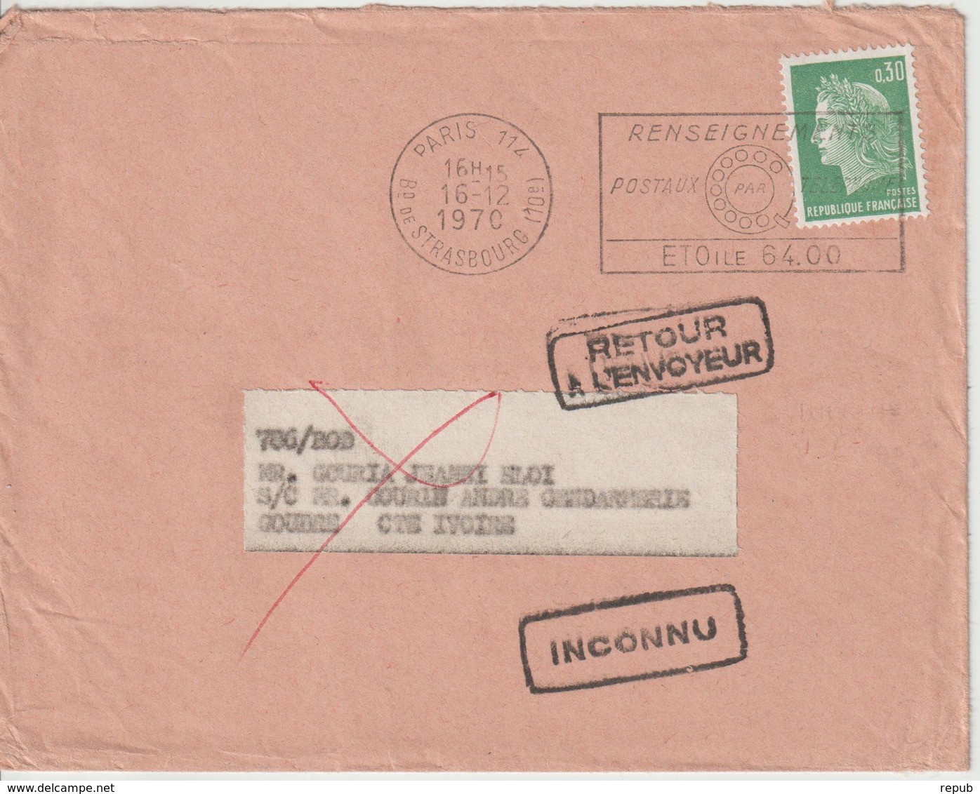 Lettre 1970 Cheffer 0.30 Imprimés De Paris Pour Cote D'Ivoire + Retour à L'envoyeur - 1961-....