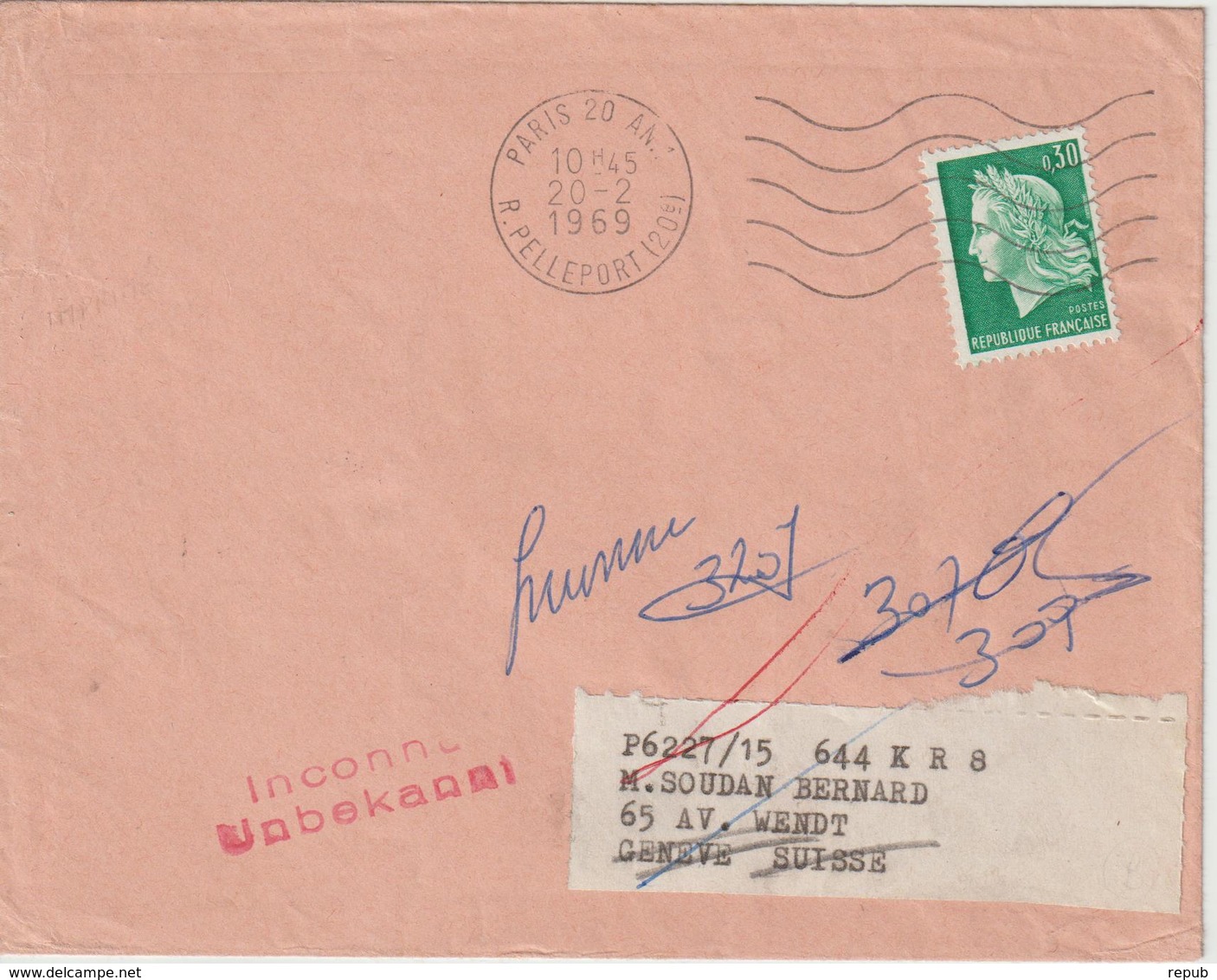 Lettre 1969 Cheffer 0.30 Imprimés De Paris Pour Suisse + Retour à L'envoyeur - 1961-....