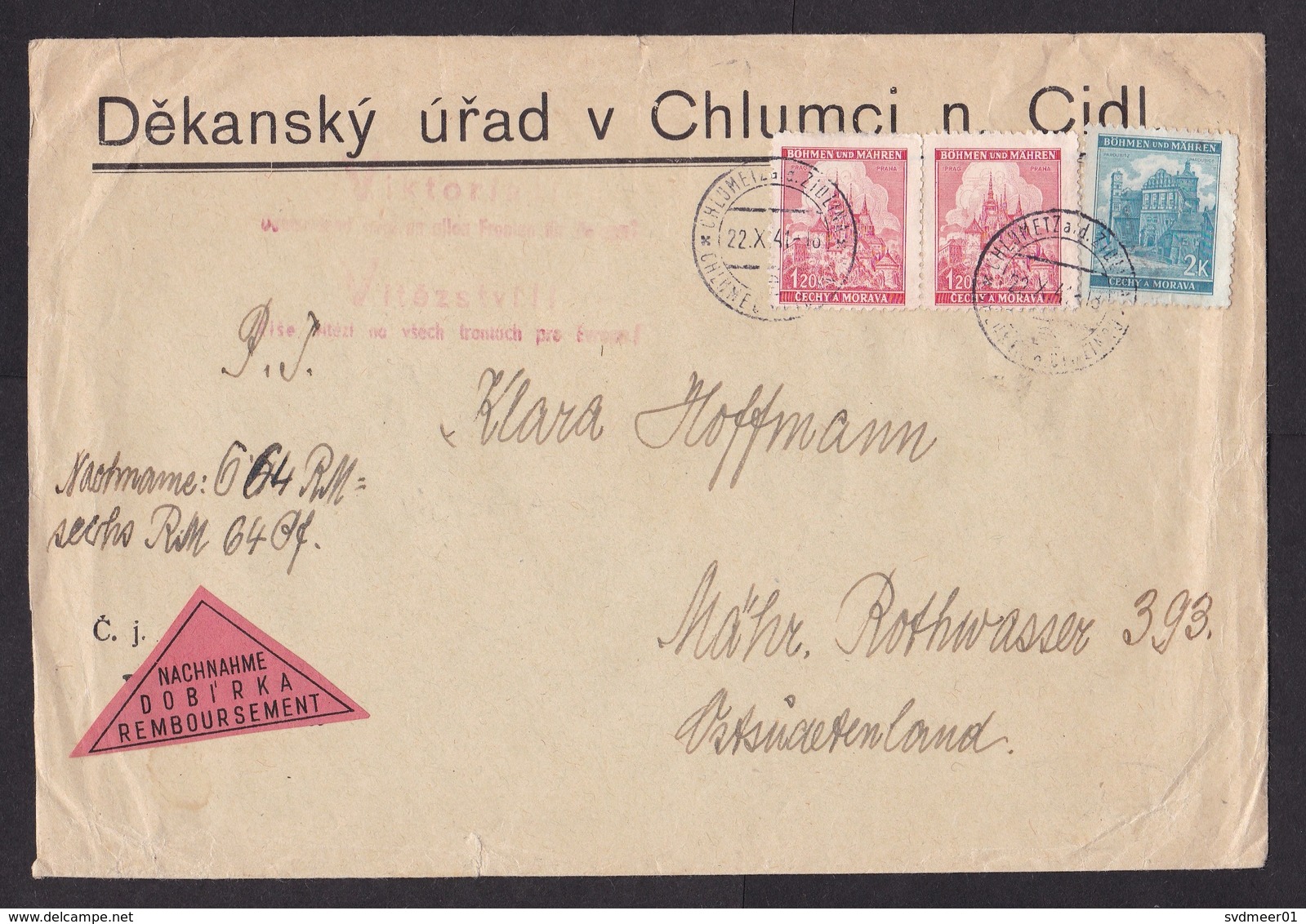 Germany, Occupied Bohemia: Reimbursement Cover, 1941, 3 Stamps, War Cancel Victory, Rare Triangle Label (minor Creases) - Brieven En Documenten