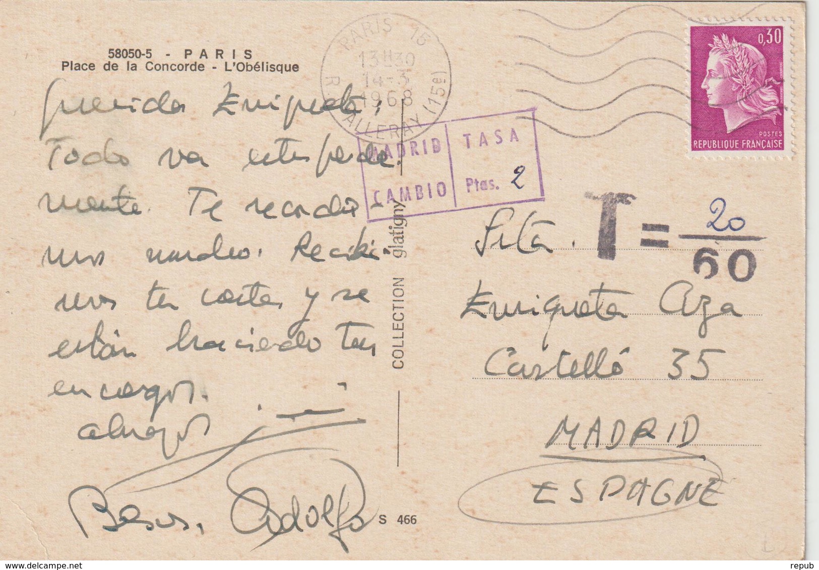 CPM 1968 Cheffer 0.30 De France Pour L' Espagne Taxée - 1961-....