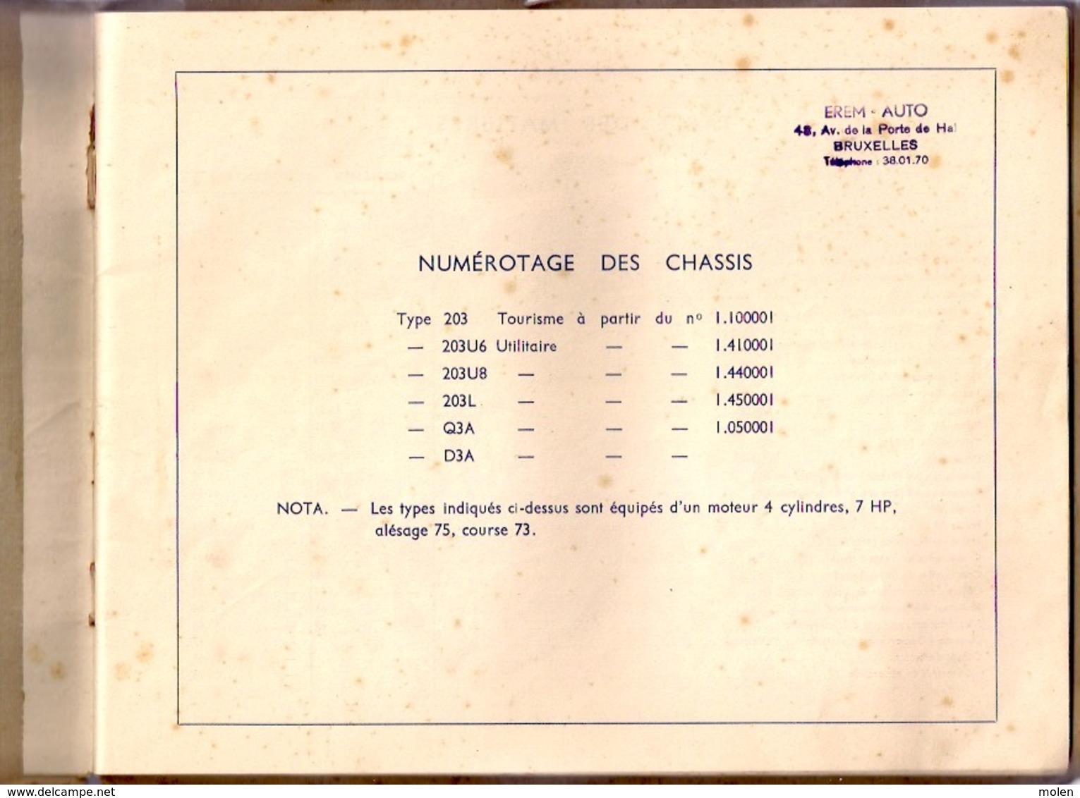 Catalogue PEUGEOT 203 Pièces Détachées EREM AUTO Bruxelles 68pp Ca©1948-60 VOITURE AUTOMOBILE GARAGE OLDTIMER Z89 - Auto