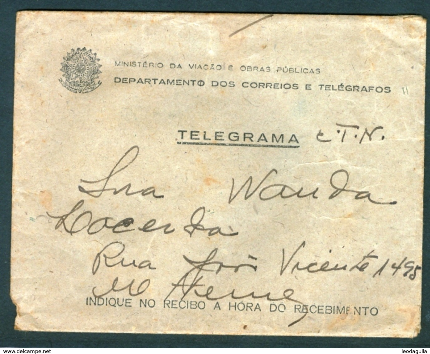 BRAZIL -  ENVELOPE FOR SHIPMENT OF TELEGRAM   -   MID"s 20 Th  CENTURY   -  USED, COMPLETE AND PERFECT! - Telegrafo