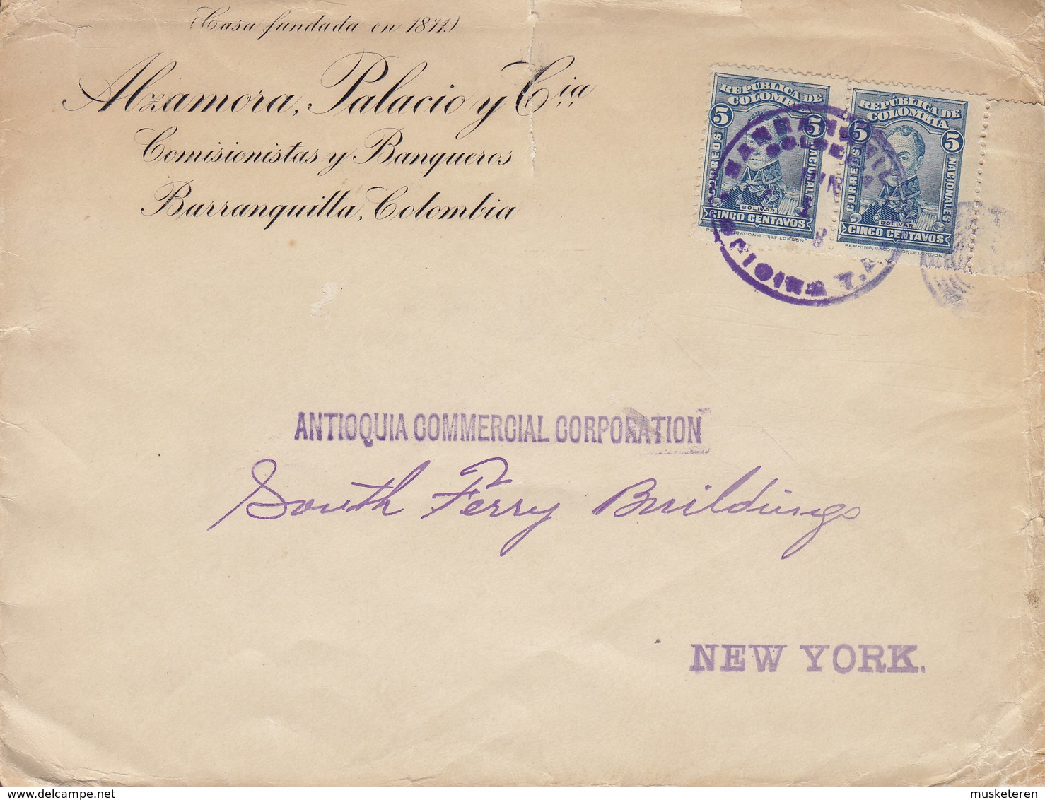 Uruguay ALZAMORA PALACIO Y Cia., Comisionistas Y Banqueros BARRANQUILLA 192? Cover Letra NEW YORK Pair W. Margin Stamps - Uruguay