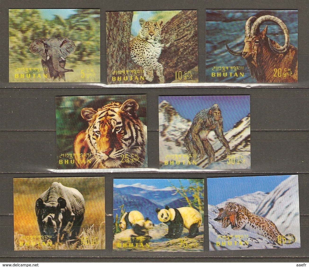 Bouthan 1970 - Mammifères - Petit Lot De 8 Timbres En 3D - MNH - Rhinocéros - Tigre - Panda - Eléphant - Guépard - Yéti - Bhutan