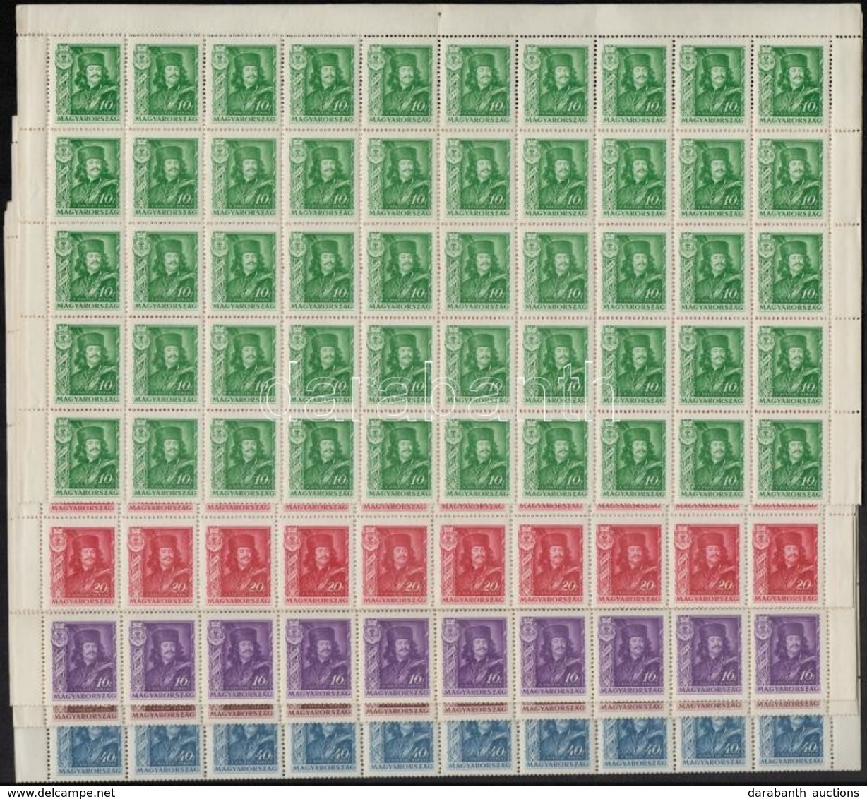 ** 1935 Rákóczi 100 Sor Teljes Hajtott 100-as ívekben, Az összes Ismert Lemezhibával (381.000) Mi 517-521 Complete Folde - Other & Unclassified