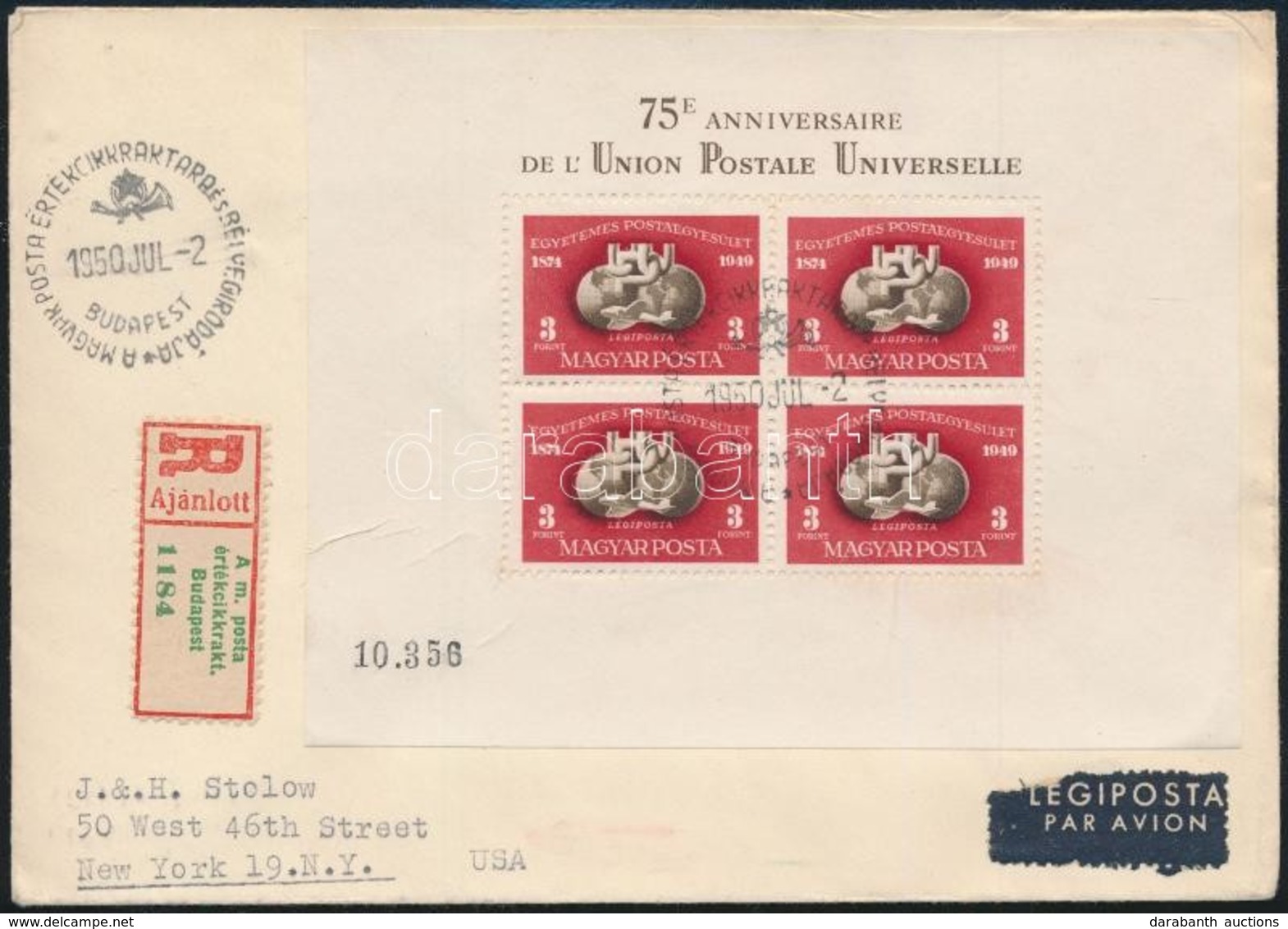 1950 UPU  Blokk Ajánlott Légi FDC New Yorkba érkezési Bélyegzéssel  (140.000) - Sonstige & Ohne Zuordnung