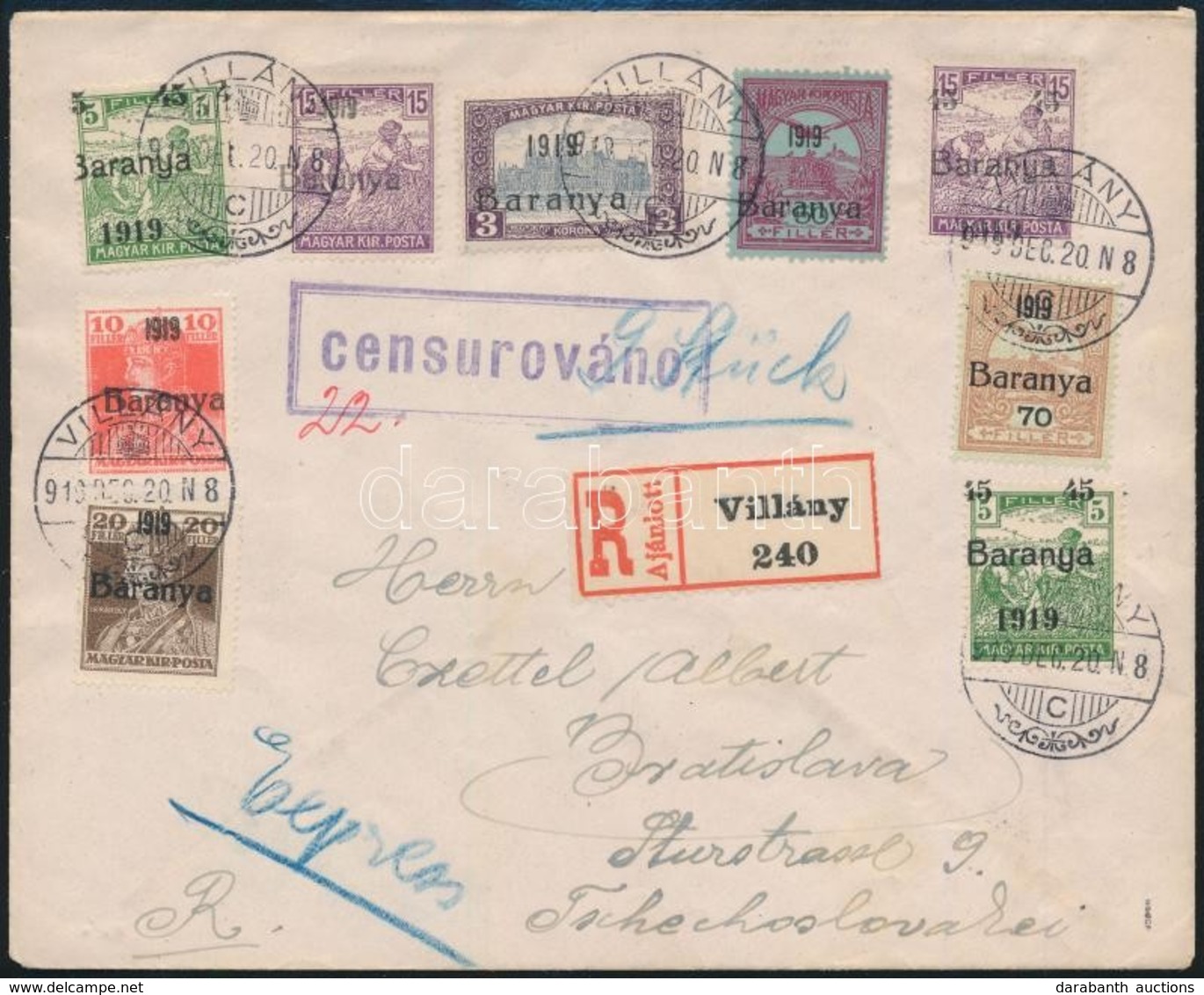 Baranya 1919 Cenzúrás Expressz   Ajánlott Levél Villányból Pozsonyba. Sign: Bodor - Andere & Zonder Classificatie