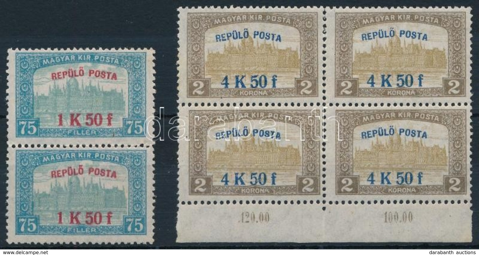 ** 1918 Repülő Posta 1K50f Pár + 4K50f ívszéli Négyestömb (45.000) - Autres & Non Classés