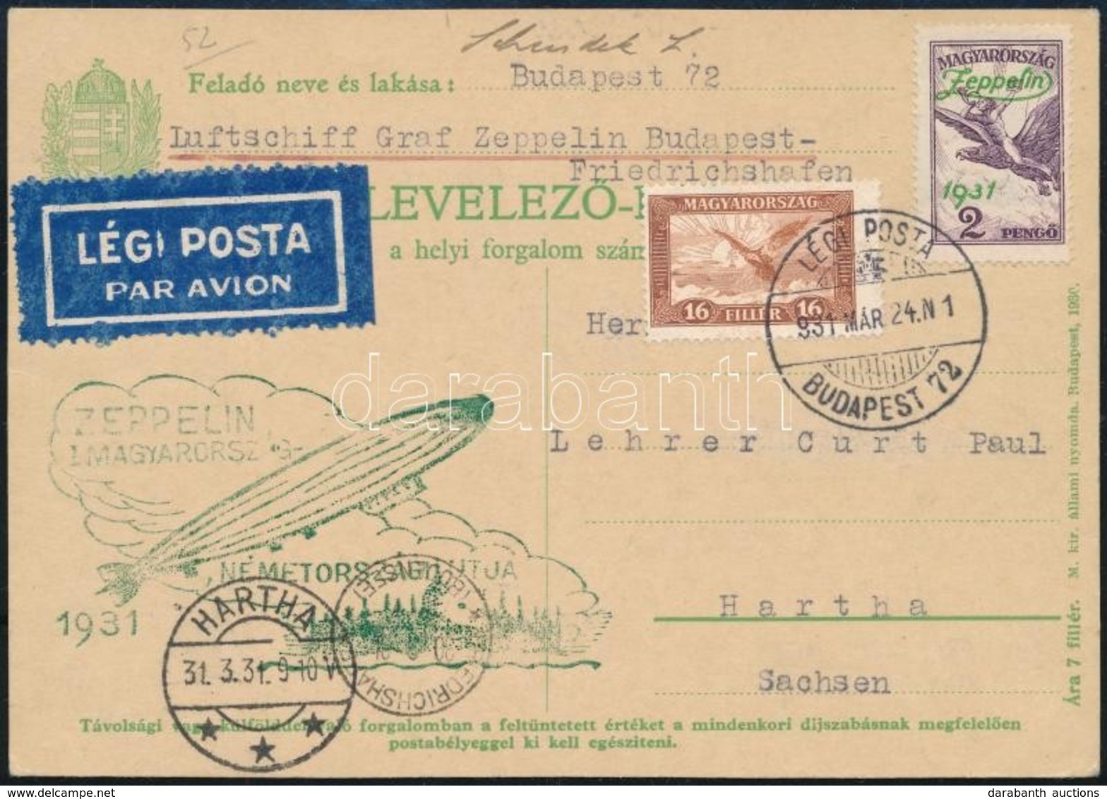 1931 Zeppelin Magyarországi Repülés, Levelezőlap Friedrichshafenbe Zeppelin 2P Bérmentesítéssel - Sonstige & Ohne Zuordnung