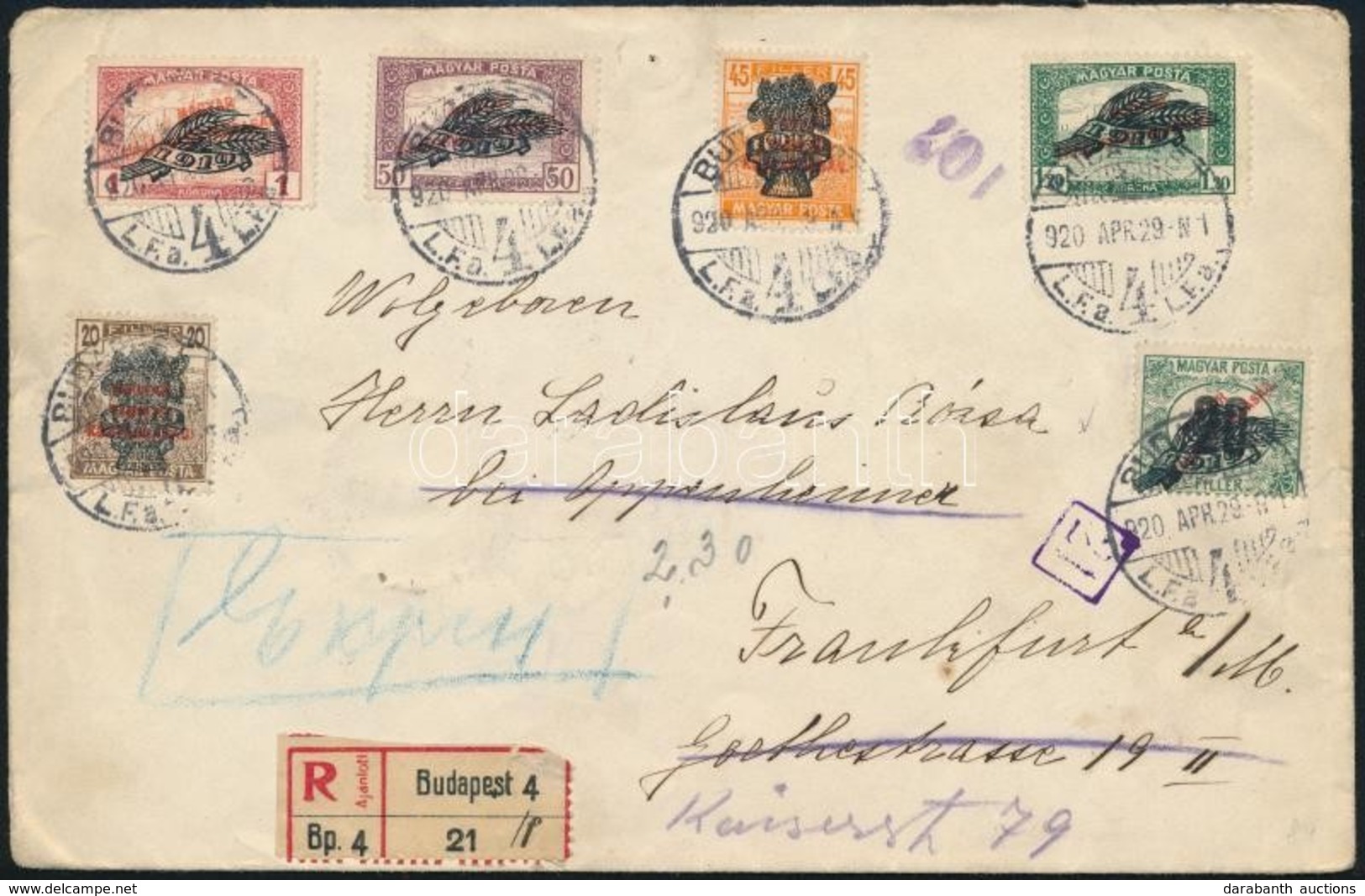 1920 Ajánlott Levél Búzakalász Bérmentesítéssel Frankfurtba, Továbbküldve - Sonstige & Ohne Zuordnung