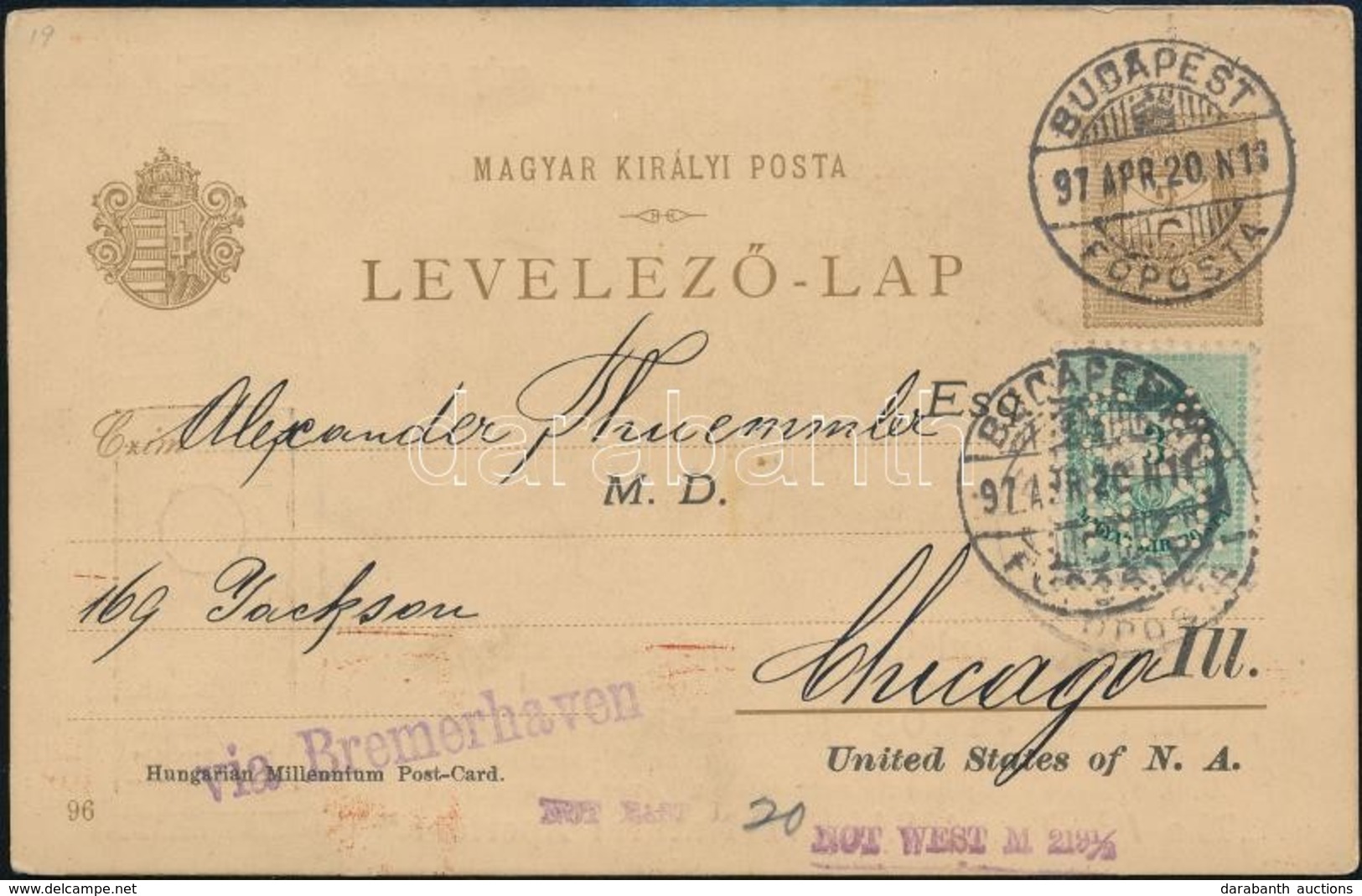 1897 2kr Céges Díjjegyes Millenniumi Levelezőlap 3kr S.A.H.J. Céglyukasztásos Kiegészítéssel, 'via Bremerhaven' Bélyegzé - Sonstige & Ohne Zuordnung