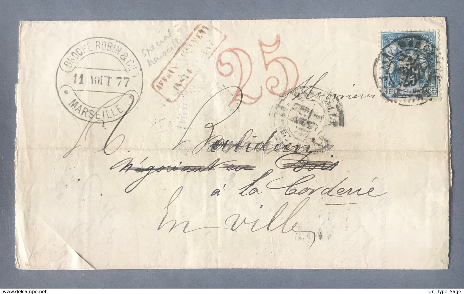 France, Type Sage Sur Lettre, Griffe Affranchissement Insuffisant + 25 Double Trait Rouge ! 1877 - (B2263) - 1877-1920: Période Semi Moderne