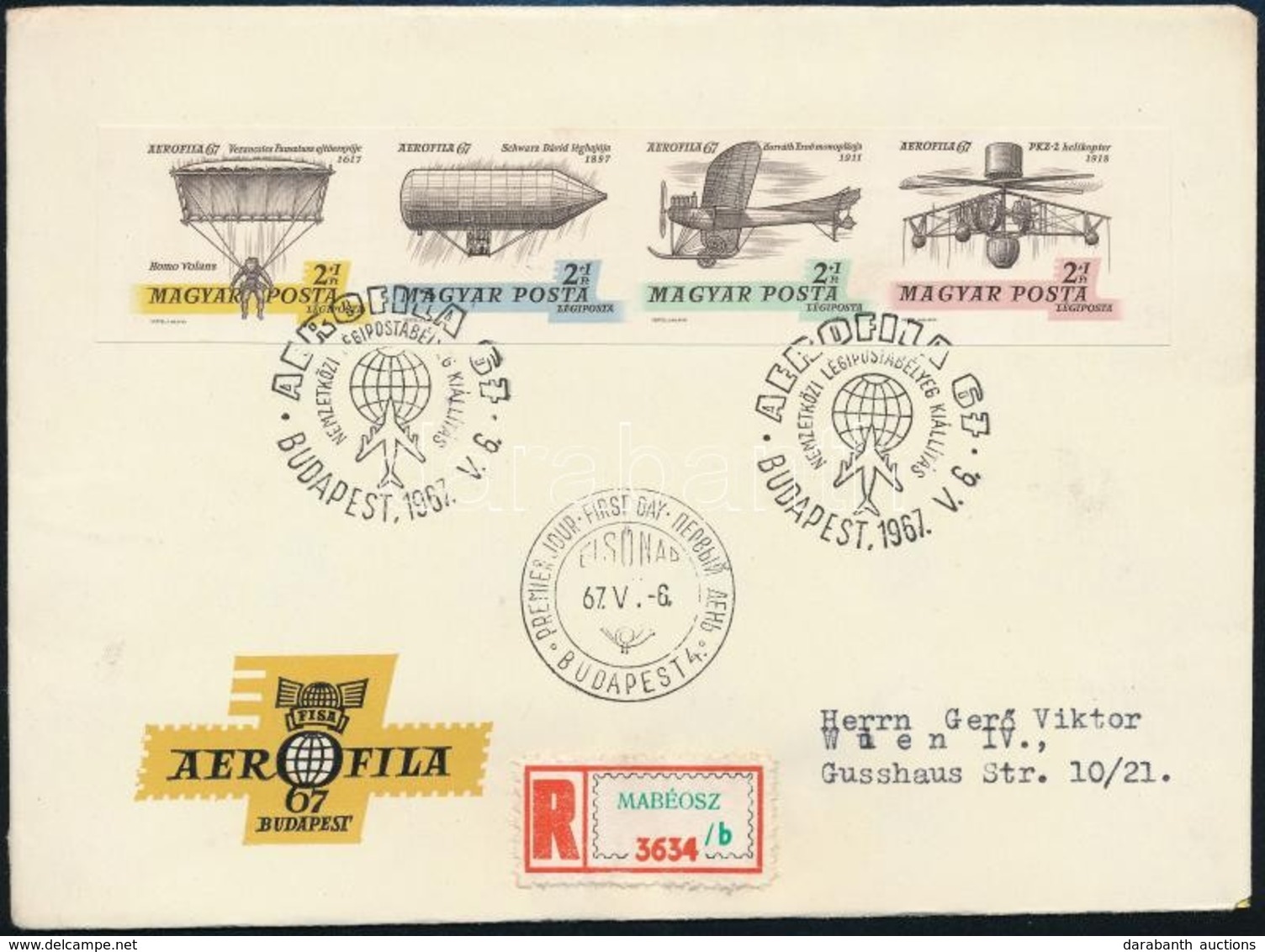 1967 Aerofila (I.) Vágott Négyescsík Ajánlott FDC-n Bécsbe (3.200) - Sonstige & Ohne Zuordnung