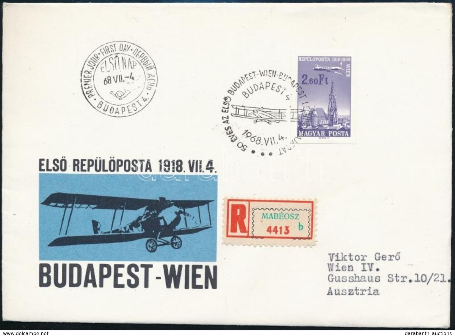 1968 Repülő (VII.) Kiegészítő értéke Vágott Bélyeg Ajánlott FDC-n Bécsbe (4.000) - Sonstige & Ohne Zuordnung