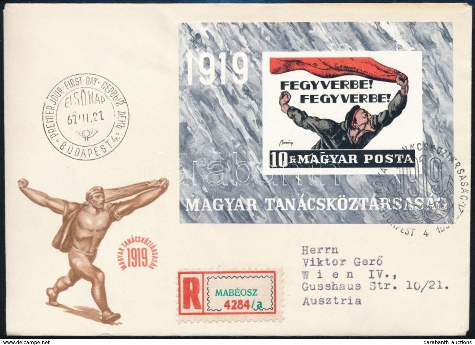 1969 Magyar Tanácsköztársaság Vágott Blokk Ajánlott  FDC-n Bécsbe (4.000) - Sonstige & Ohne Zuordnung