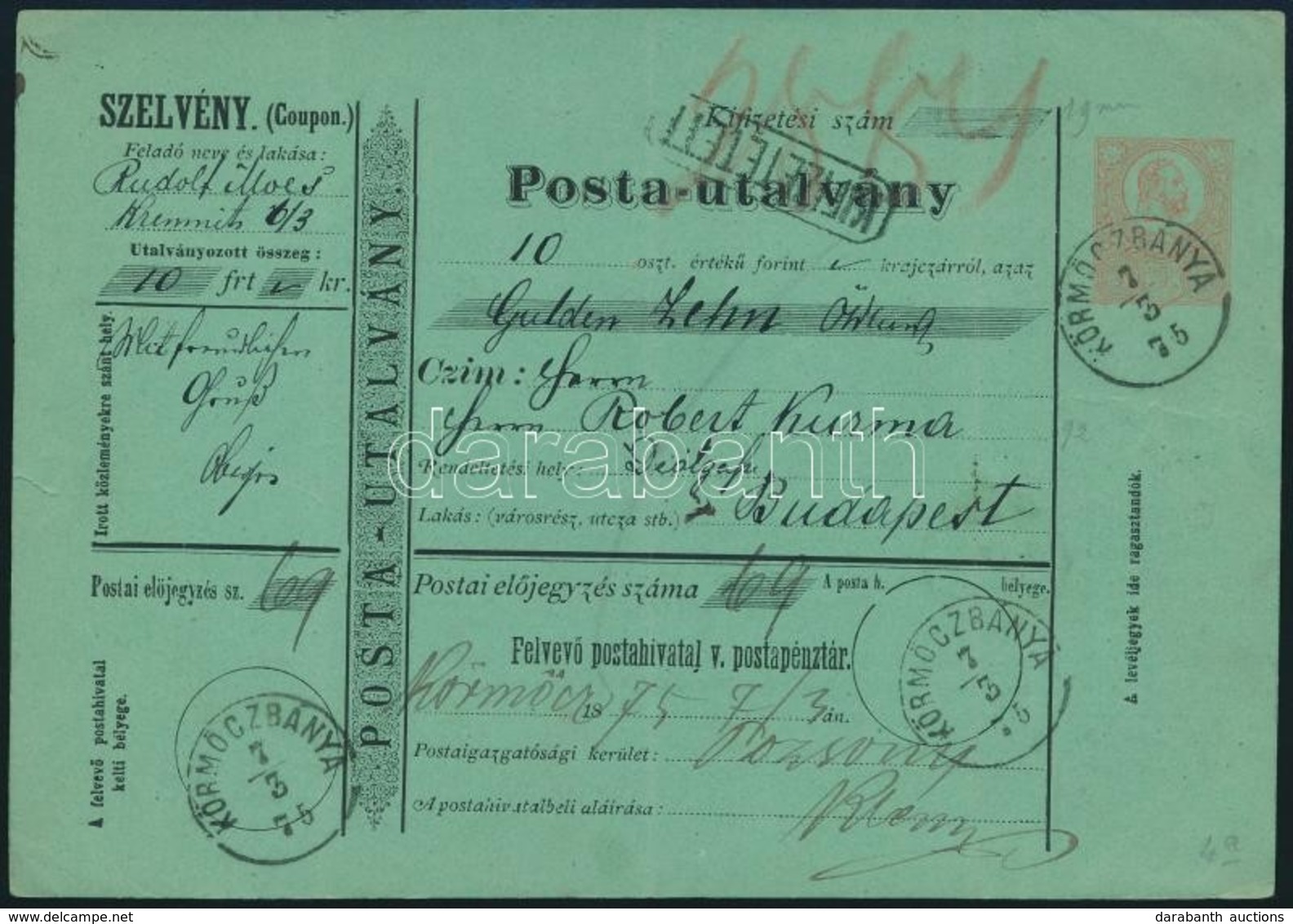 1875 Posta-utalvány 'KÖRMÖCZBÁNYA' - Sonstige & Ohne Zuordnung