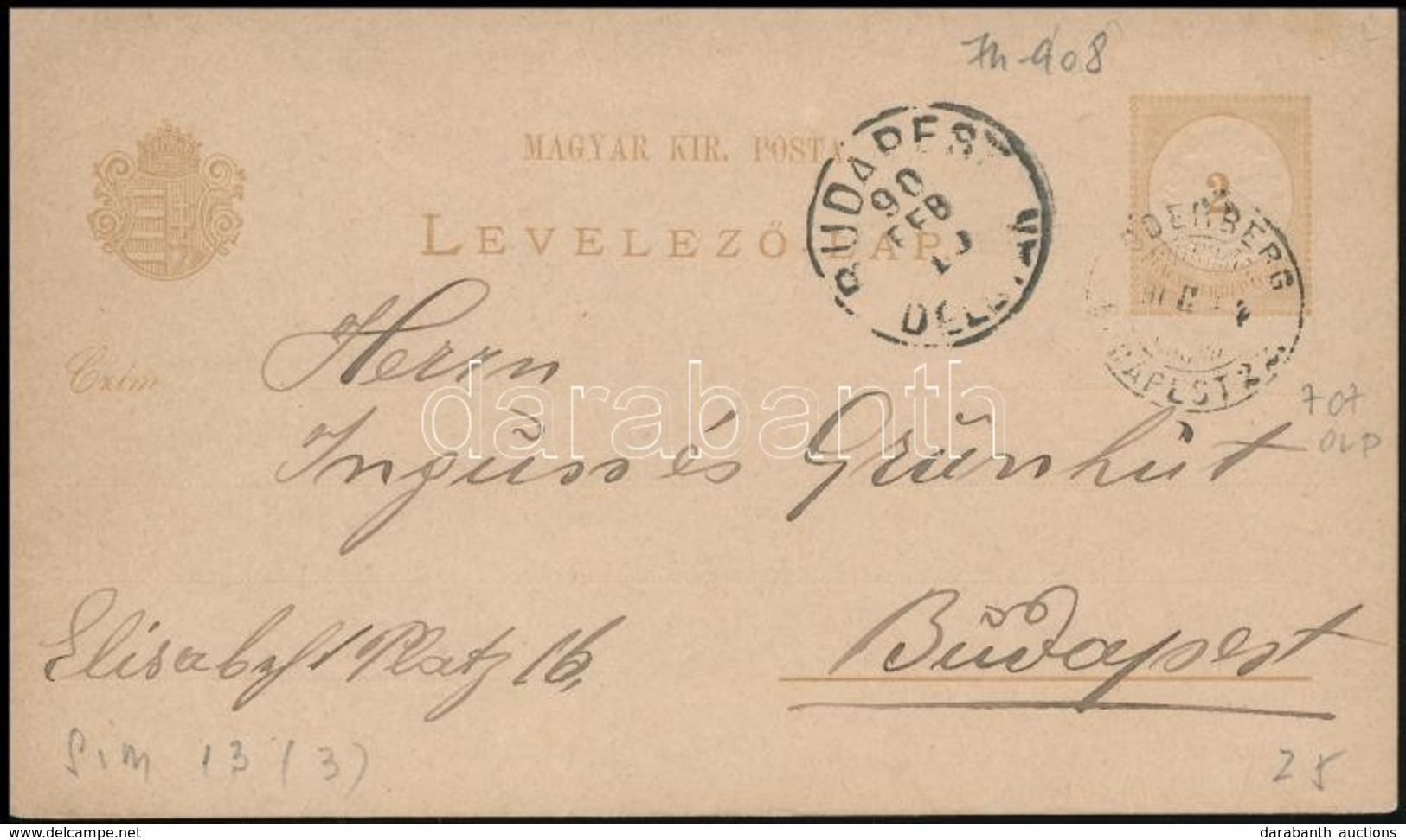 1890 2kr Díjjegyes Levelezőlap 'ODENBERG - BUDAPEST 22' Mozgóposta Bélyegzéssel - Sonstige & Ohne Zuordnung