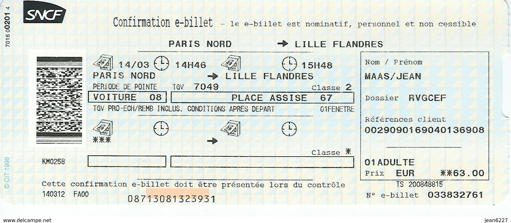 Ticket SNCF - Paris Nord - Lille Flandres - Spoorweg