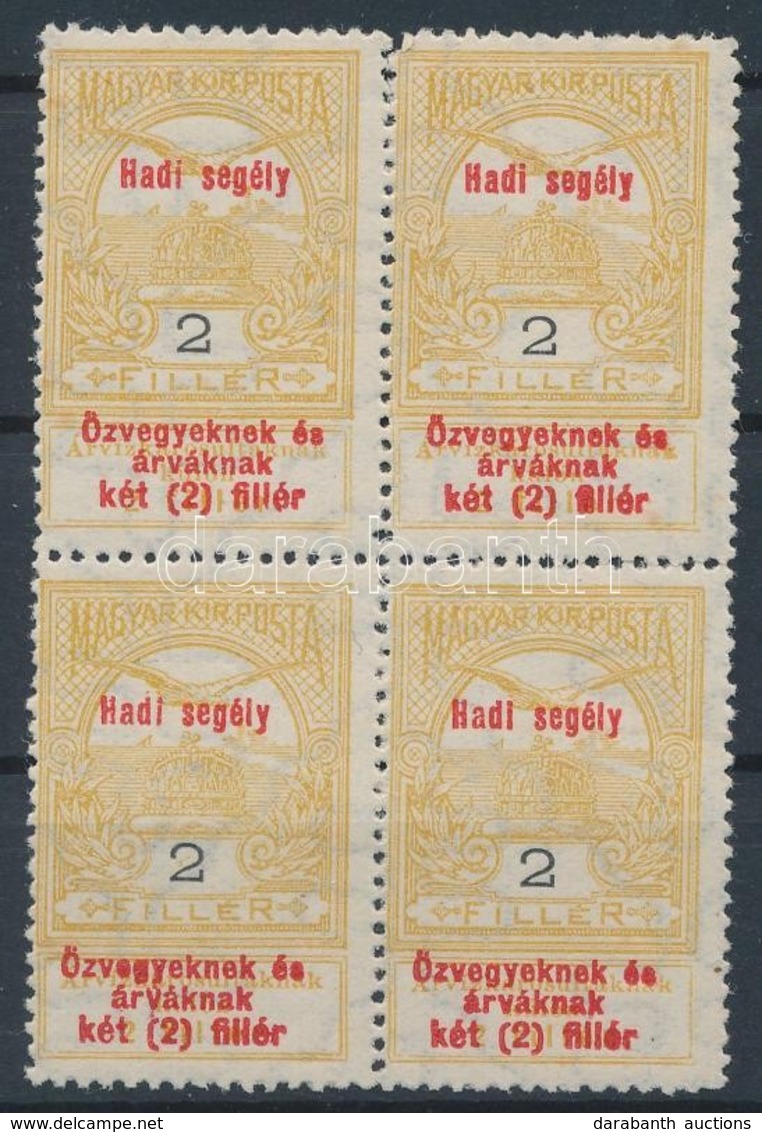 ** 1914 Hadi Segély 2f Négyestömb 2 Db II. Típusú Bélyeggel, 1 Bélyegen összefolyt 'fi' A Felülnyomásban - Other & Unclassified