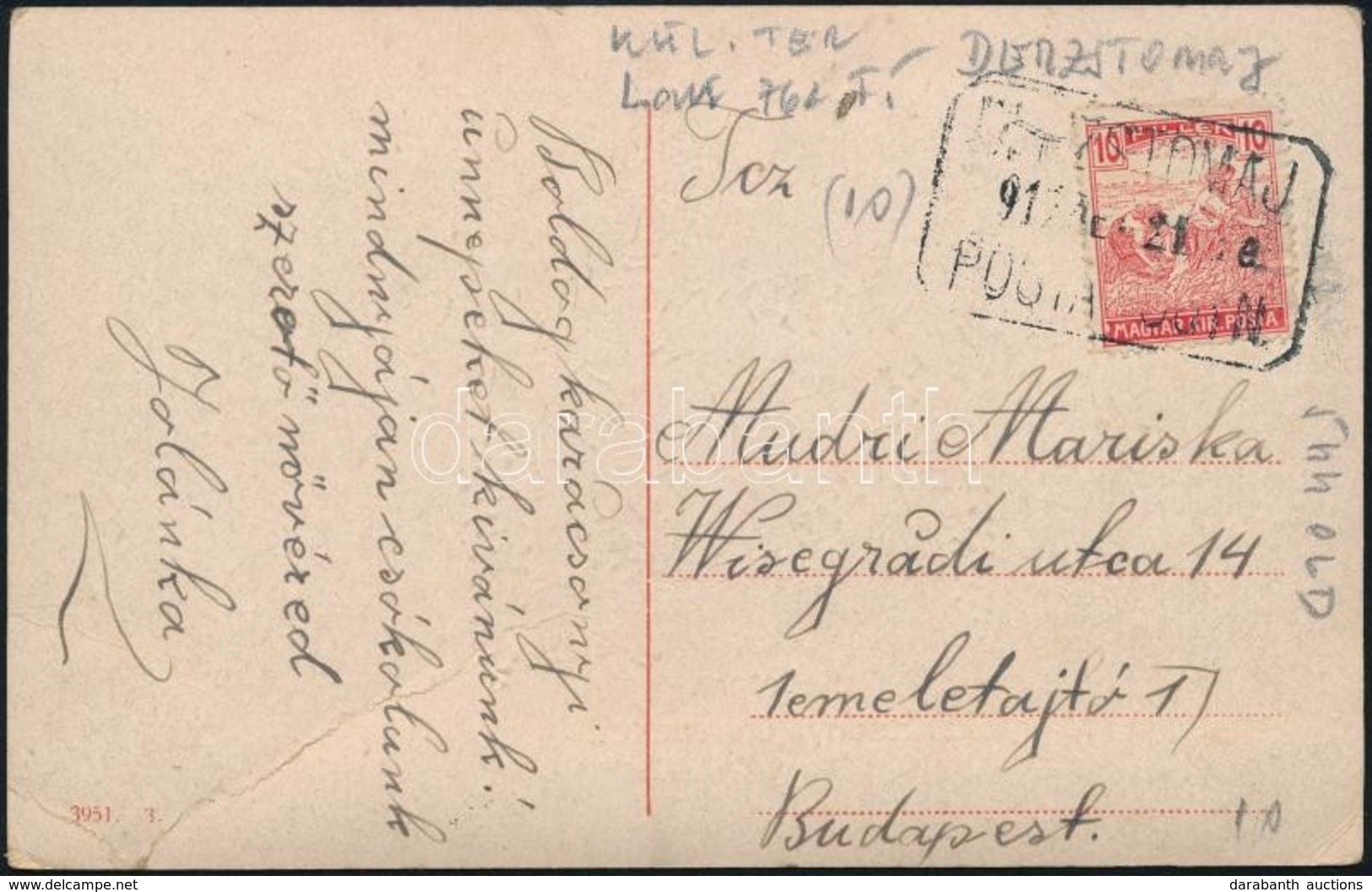 1917 Képeslap Arató 10f Bérmentesítéssel '(DER)ZSTOMAJ' Postaügynökségi Bélyegzéssel - Sonstige & Ohne Zuordnung