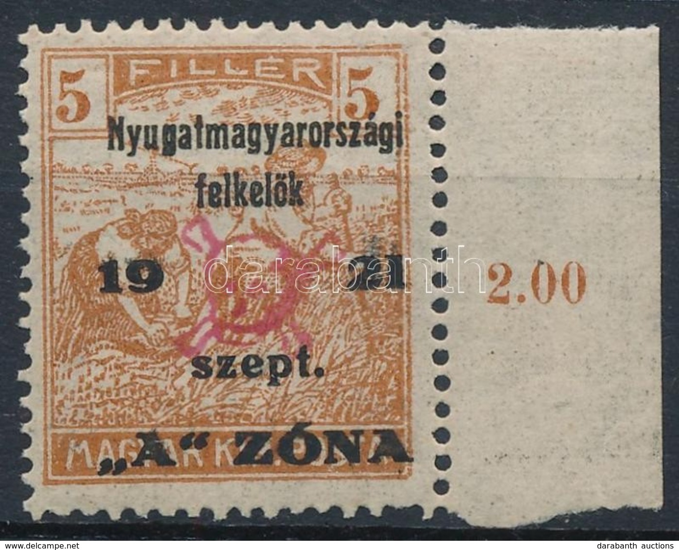 * Nyugat-Magyarország II. 1921 Arató 5f ívszéli, Bodor Vizsgálójellel (12.500) - Altri & Non Classificati