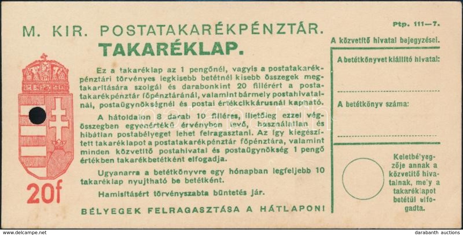 1939 Postatakaréklap 11a MINTA Hátoldali Bélyegzéssel - Sonstige & Ohne Zuordnung