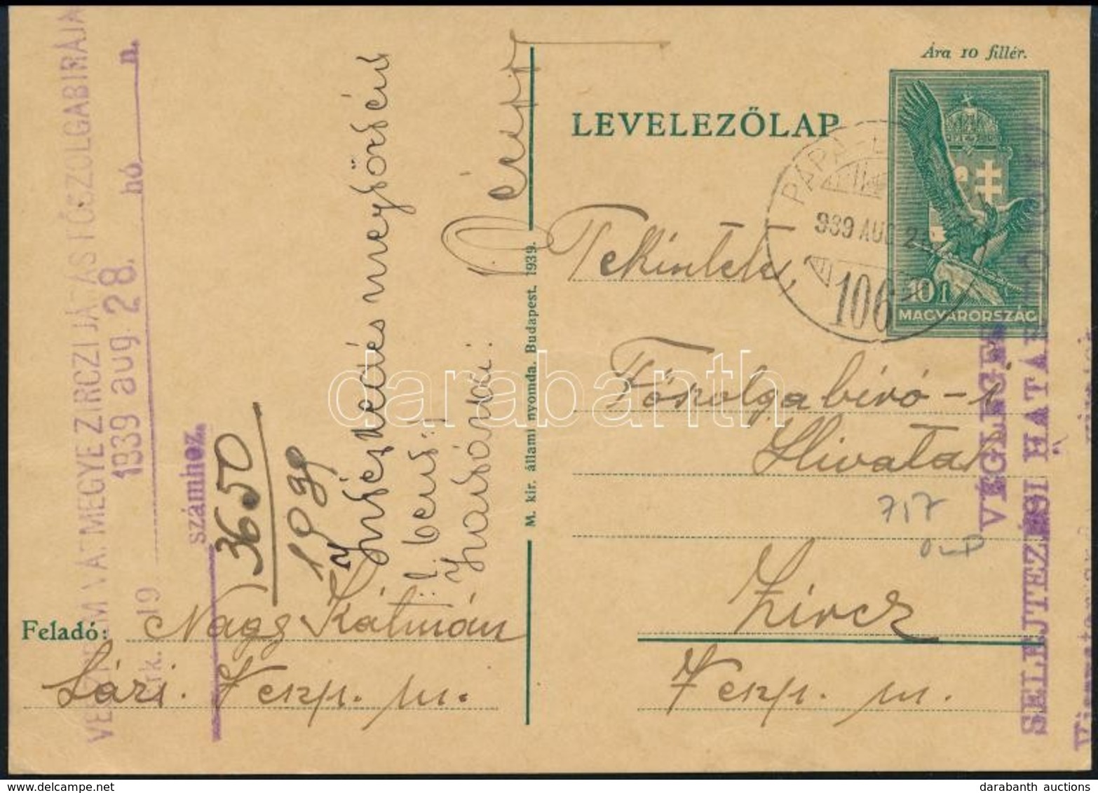 1939 10f Díjjegyes Levelezőlap 'PÁPA-BUDAPEST 106' Mozgóposta Bélyegzéssel - Sonstige & Ohne Zuordnung