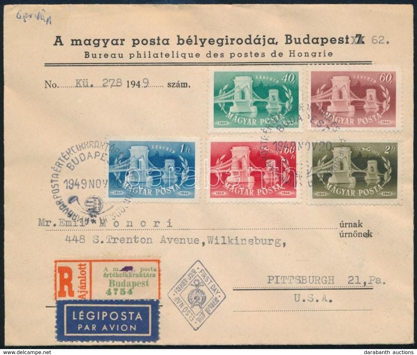 1949 Lánchíd Sor Ajánlott, Légi FDC-n Amerikába - Sonstige & Ohne Zuordnung