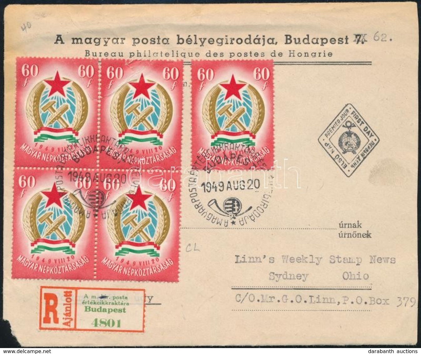 1949 Alkotmány 60f Négyestömb + 1 Db Bélyeg Ajánlott FDC-n Amerikába - Other & Unclassified